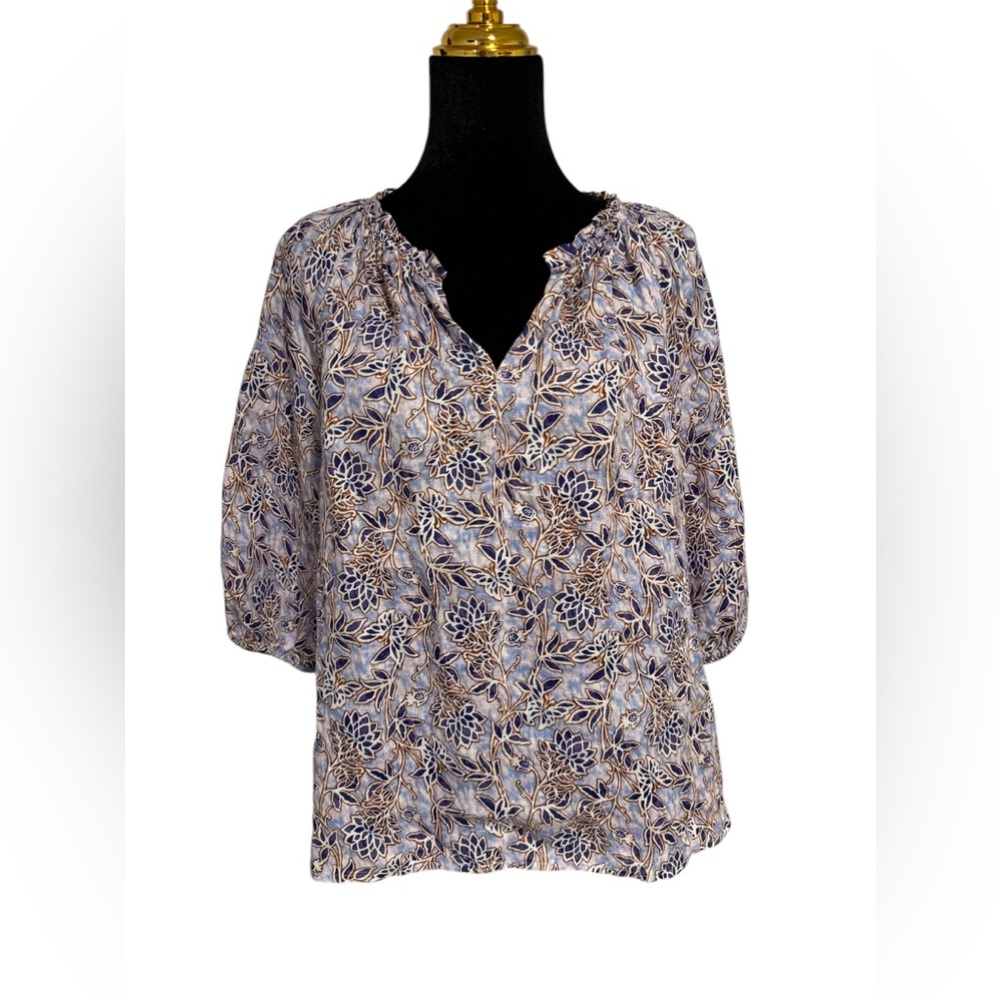 J. Jill Blue Floral Puff Sleeve Blouse Relaxed Fit Medium Petite EUC